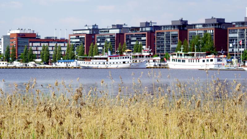 Laivoja rannassa kerrostalojen edessä.