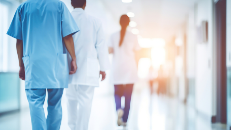 Three employees are walking down a hospital corridor.