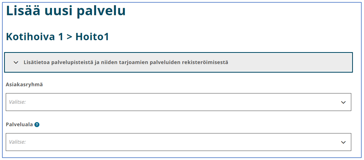 Näkymä, jossa Soterin asioinnissa lisätään uusi palvelu ja täytetään sen tiedot.