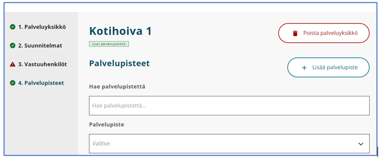 Uuden palvelupisteen lisäämisen näkymä asioinnissa.