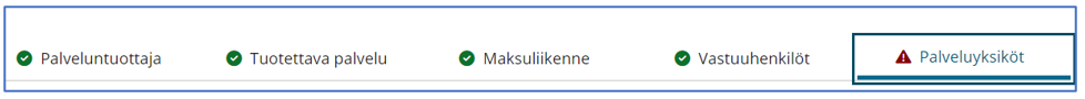 Palveluyksiköiden välilehti avattuna ylänavigaatiossa.