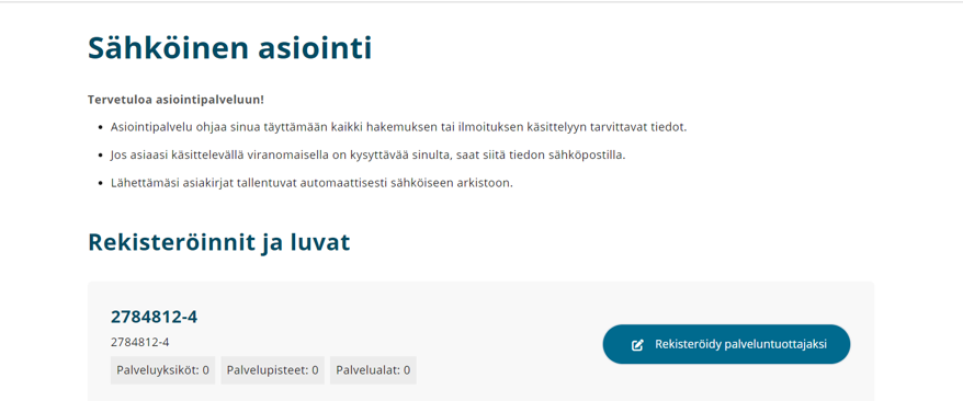  Rekisteröidy palveluntuottajaksi -painike.