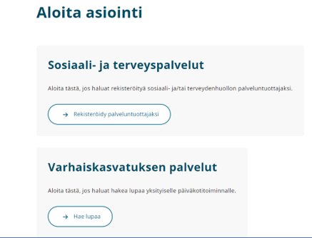 Aloita asiointi -näkymä Soterin asioinnissa.