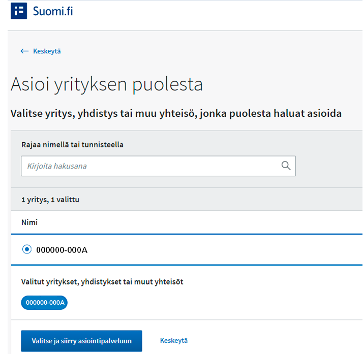 Valitse ja siirry asiointipalveluun -painike.
