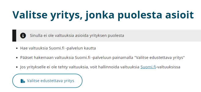 Valitse yritys, jonka puolesta asioit -näkymä.