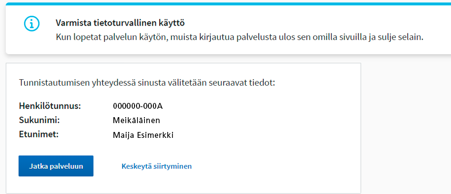 Jatka palveluun -painike Soterin sähköisessä asioinnissa.