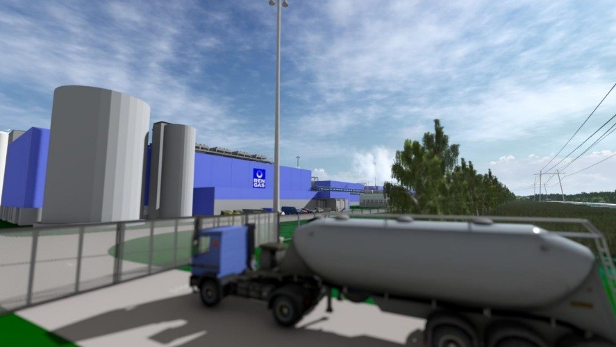 Havainnekuva laitoksesta, etualalla säiliöauto.