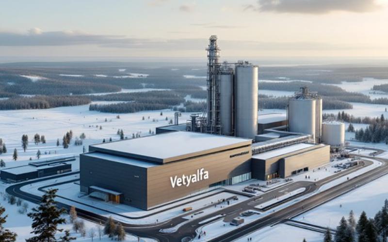 Havainnekuva Vetyalfan tehtaasta talvisessa maisemassa.