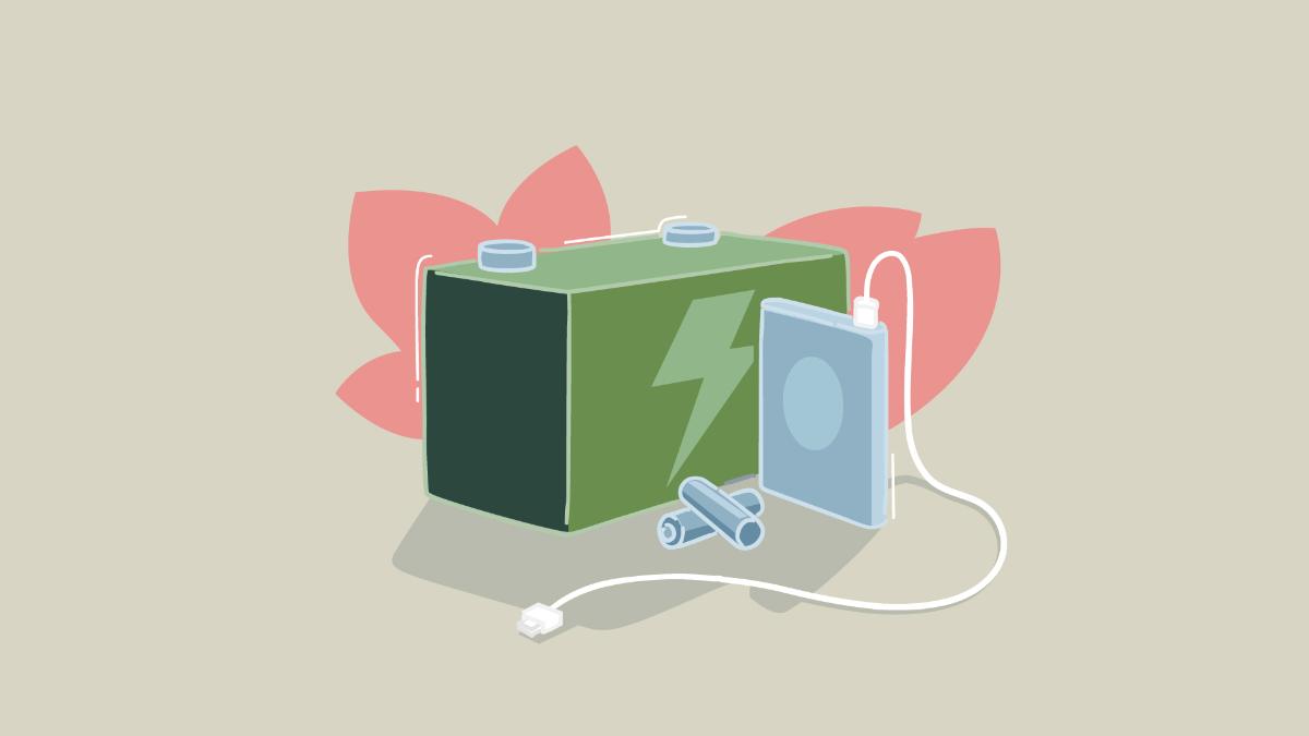 Piirroskuvassa on akkuja ja paristoja.