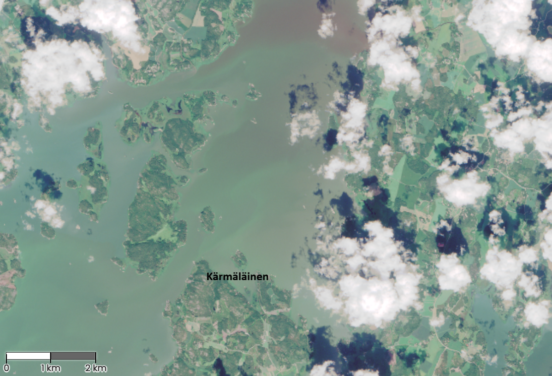 Satelliittikuva sinileväseurannan haraintopaikalta Kärmäläisissä.